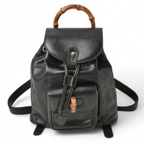 GUCCI Black Leather Bamboo Backpack - Picture 1 of 9